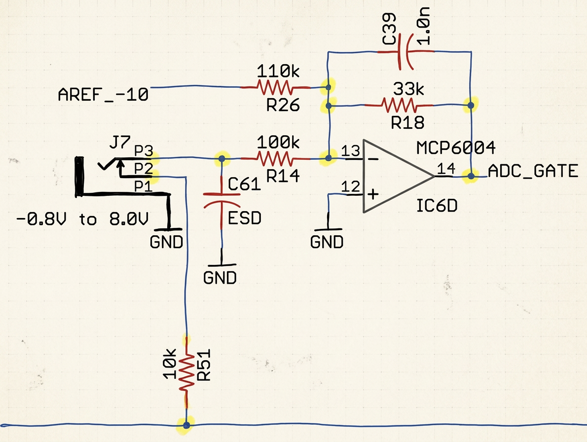 Plaits CV envelope input — inverting summing amplifier with MCP6004