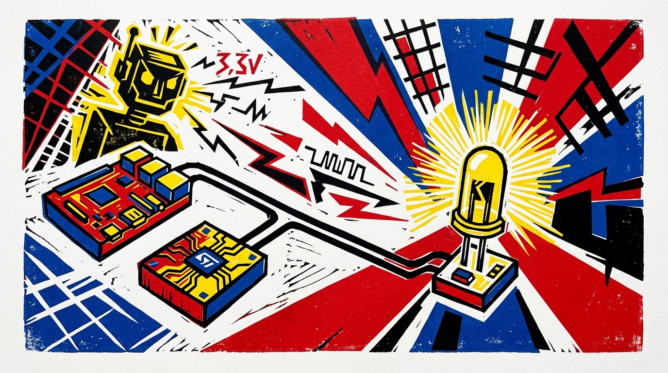 Kicking the CAN — Linolschnitt im Stil des Konstruktivismus: Zwei Platinen verbunden durch einen CAN-Bus, eine strahlende LED