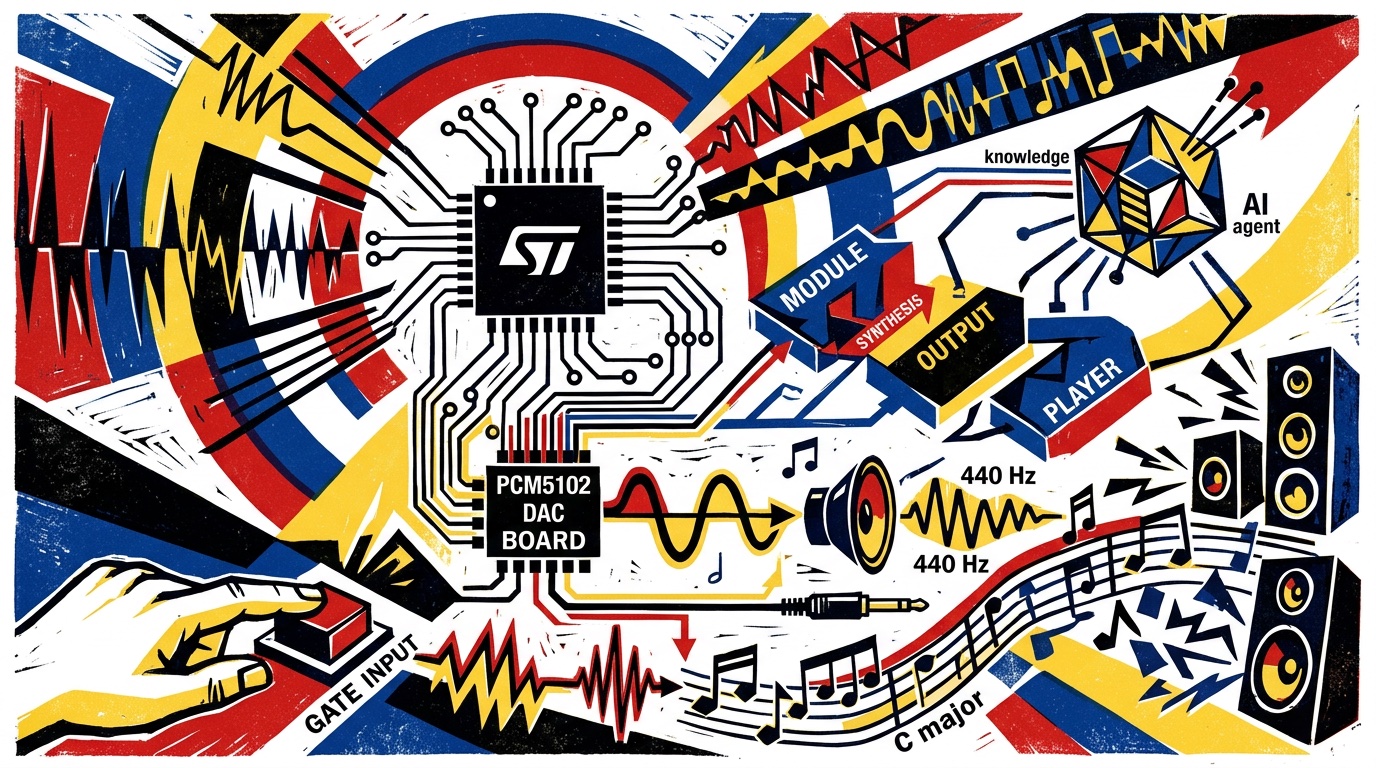 Watasoge Building Log — Linolschnitt im Stil des Konstruktivismus: STM32-Chip, DAC-Board, Wellenformen und Lautsprecher